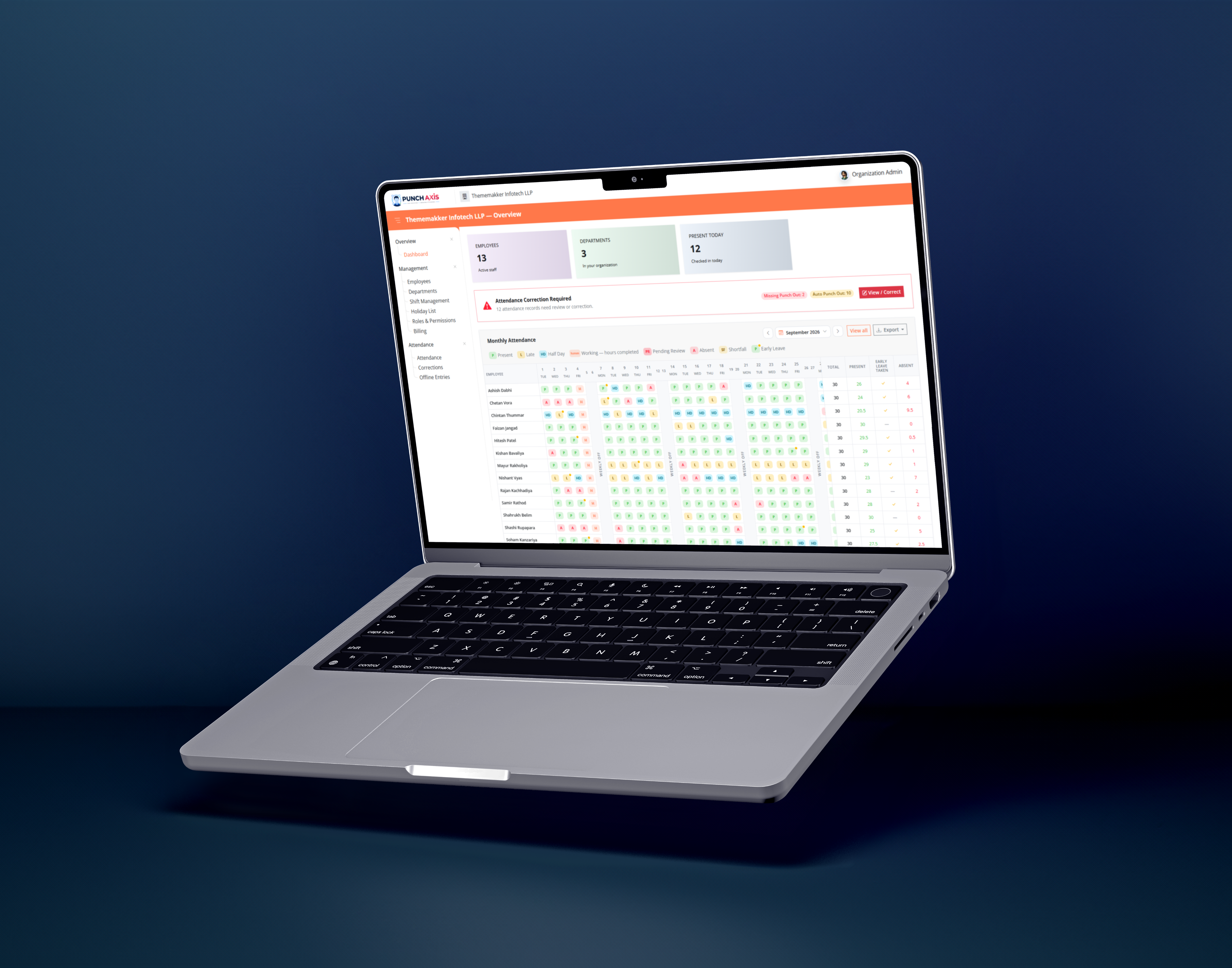 PunchAxis attendance dashboard and attendance log displayed across laptop mockups