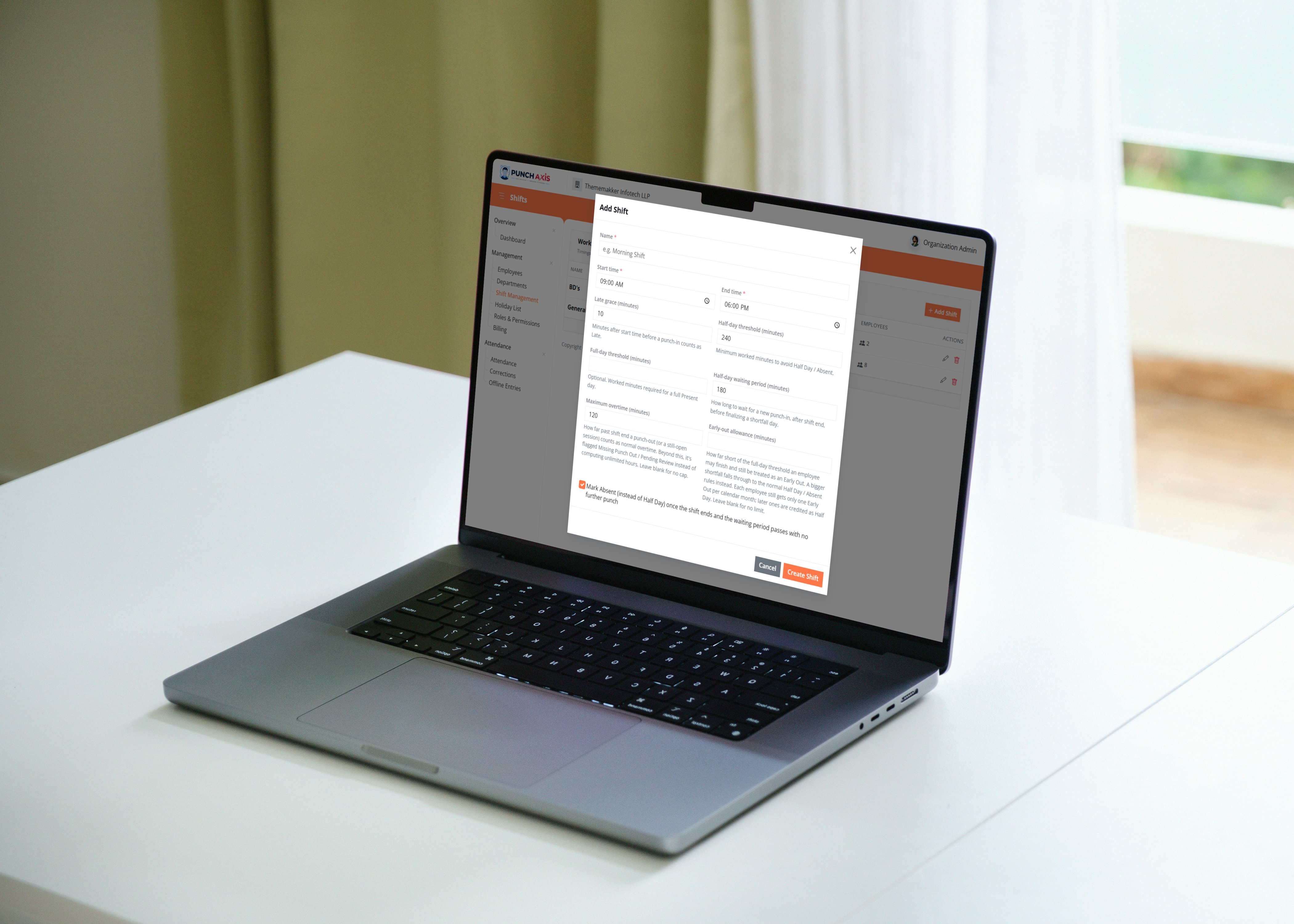 PunchAxis Add Shift form open on a laptop